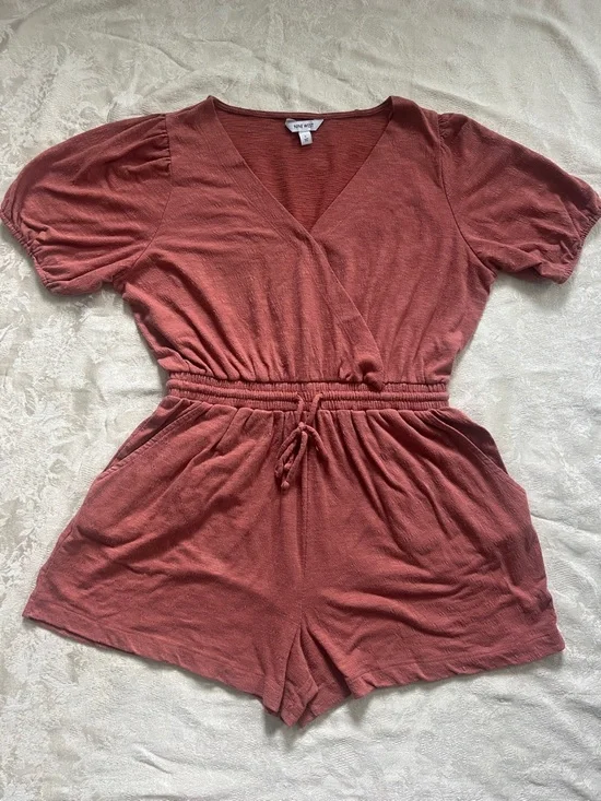 Nine West Rust Dusty Rose Romper Size L Puff Sleeve Elastic Waist Casual Summer - Picture 1 of 10